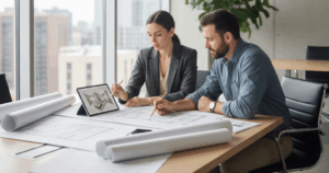 Professionelle Illustration eines Architekten und einer Bauleiterin, die in einem modernen Bürogebäude Pläne und Dokumente bei Tageslicht auf einem Tisch mit Bauplänen, Tablet und Stiften besprechen. Die Szene vermittelt Zusammenarbeit und detaillierte Projektplanung.