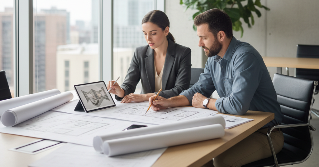 Professionelle Illustration eines Architekten und einer Bauleiterin, die in einem modernen Bürogebäude Pläne und Dokumente bei Tageslicht auf einem Tisch mit Bauplänen, Tablet und Stiften besprechen. Die Szene vermittelt Zusammenarbeit und detaillierte Projektplanung.